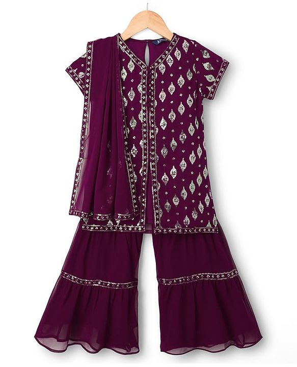 Pine Kids Woven Half Sleeves Embroidered Kurti Sharara Set With Dupatta - Violet