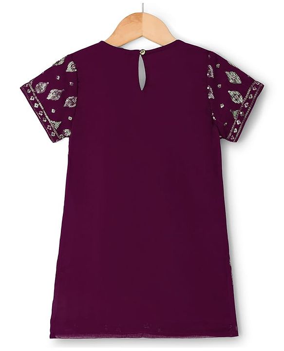 Pine Kids Woven Half Sleeves Embroidered Kurti Sharara Set With Dupatta - Violet