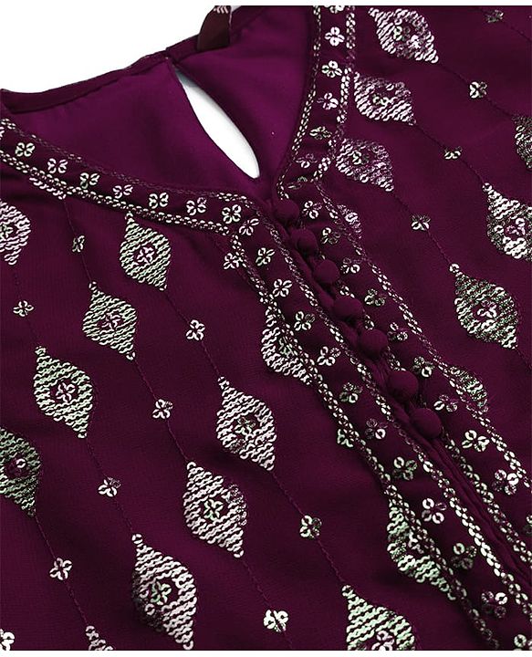 Pine Kids Woven Half Sleeves Embroidered Kurti Sharara Set With Dupatta - Violet