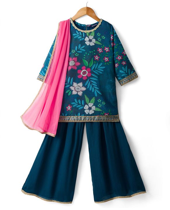 Pine Kids Woven Full Sleeves Floral Printed Kurti & Palazzo Set With Dupatta - Teal Blue