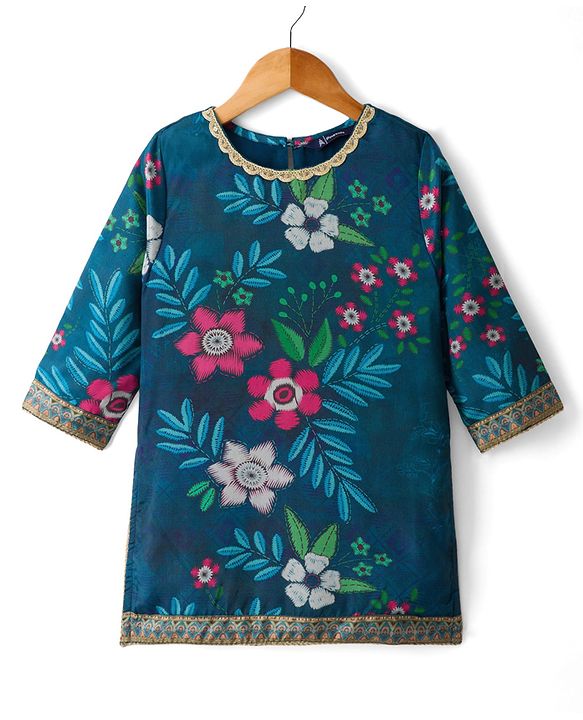 Pine Kids Woven Full Sleeves Floral Printed Kurti & Palazzo Set With Dupatta - Teal Blue