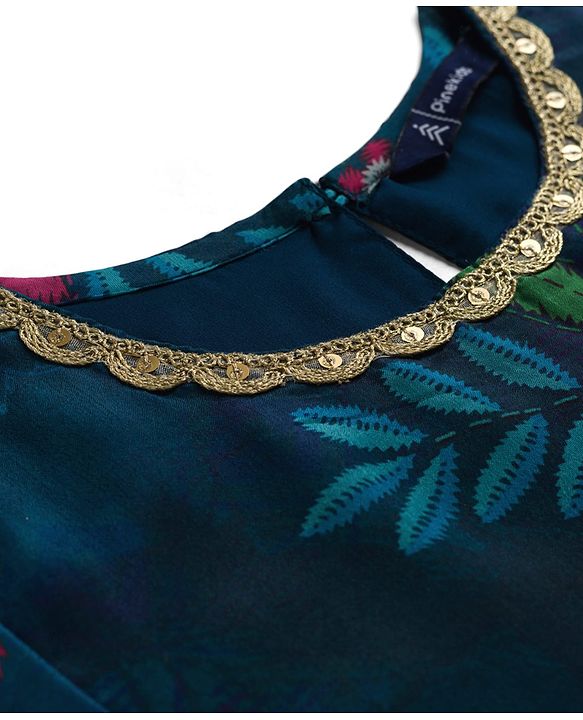 Pine Kids Woven Full Sleeves Floral Printed Kurti & Palazzo Set With Dupatta - Teal Blue