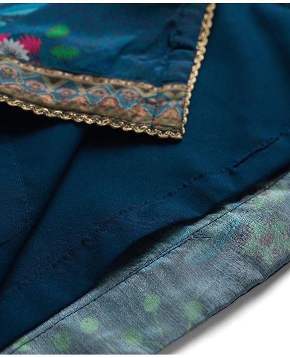 Pine Kids Woven Full Sleeves Floral Printed Kurti & Palazzo Set With Dupatta - Teal Blue