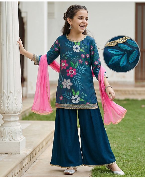 Pine Kids Woven Full Sleeves Floral Printed Kurti & Palazzo Set With Dupatta - Teal Blue