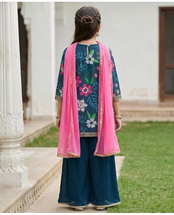 Pine Kids Woven Full Sleeves Floral Printed Kurti & Palazzo Set With Dupatta - Teal Blue