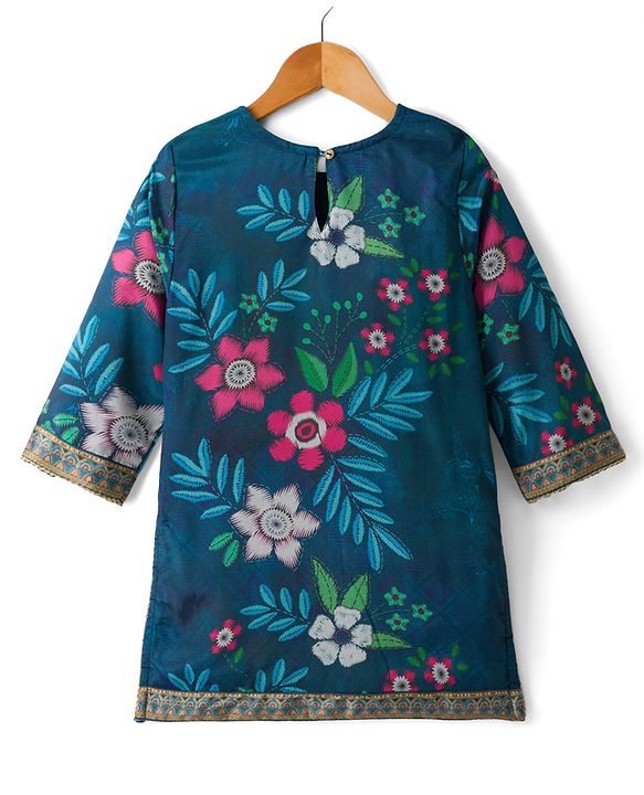 Pine Kids Woven Full Sleeves Floral Printed Kurti & Palazzo Set With Dupatta - Teal Blue