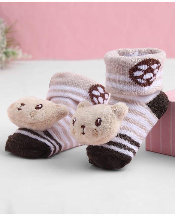 Cute Walk by Babyhug Sock Shoes With Stripes Animal Applique - Multicolour