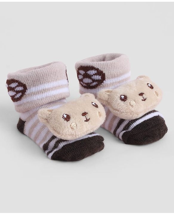 Cute Walk by Babyhug Sock Shoes With Stripes Animal Applique - Multicolour