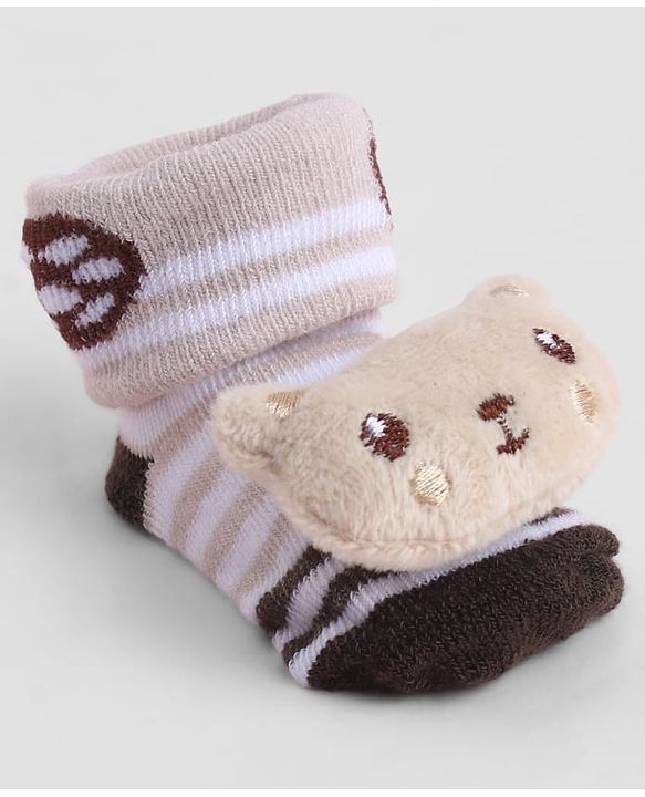 Cute Walk by Babyhug Sock Shoes With Stripes Animal Applique - Multicolour