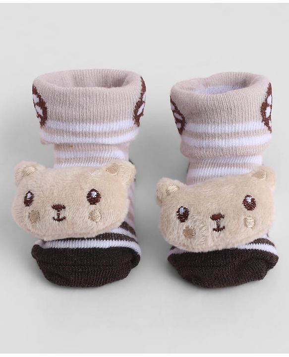 Cute Walk by Babyhug Sock Shoes With Stripes Animal Applique - Multicolour