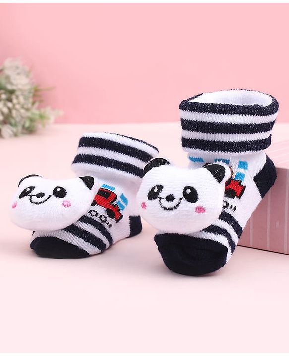 Cute Walk by Babyhug Sock Shoes With Stripes & Panda Applique - Multicolour