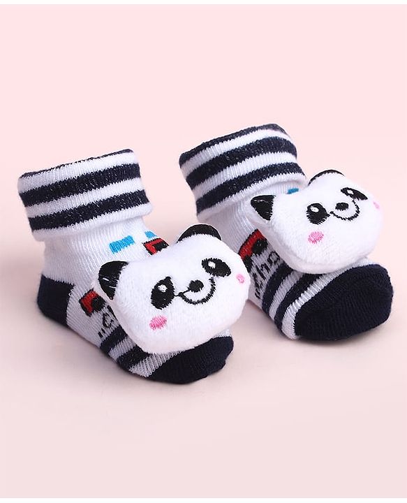 Cute Walk by Babyhug Sock Shoes With Stripes & Panda Applique - Multicolour
