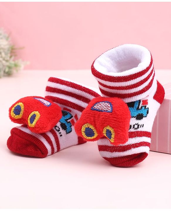 Cute Walk by Babyhug Sock Shoes With Stripes Vehicles Design & Applique - Multicolour