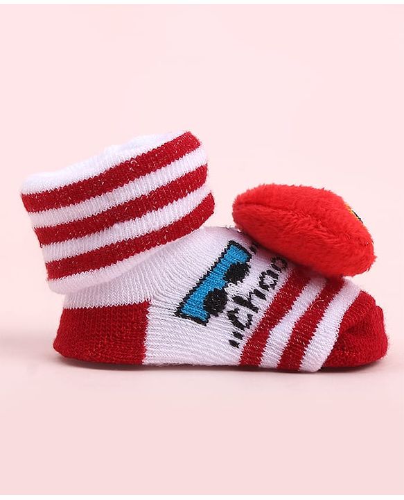 Cute Walk by Babyhug Sock Shoes With Stripes Vehicles Design & Applique - Multicolour