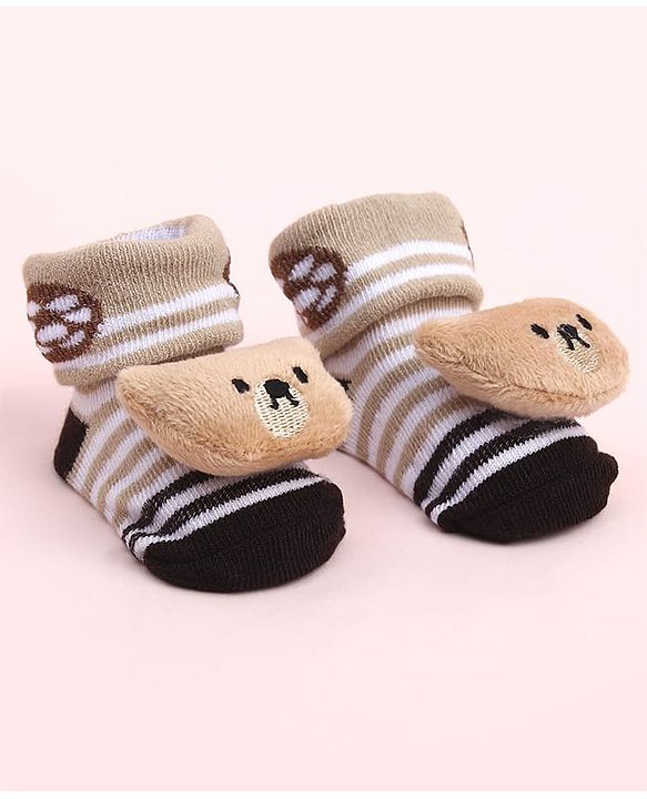 Cute Walk by Babyhug Sock Shoes With Stripes & Animal Applique - Multicolour