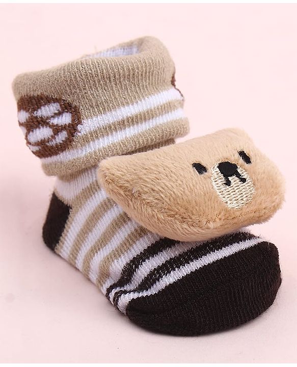 Cute Walk by Babyhug Sock Shoes With Stripes & Animal Applique - Multicolour