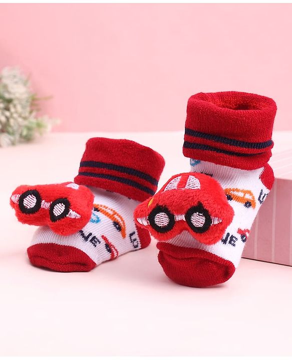 Cute Walk by Babyhug Sock Shoes With Car Applique & Stripes Design - Multicolour