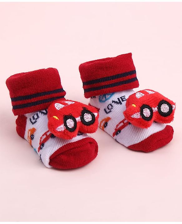 Cute Walk by Babyhug Sock Shoes With Car Applique & Stripes Design - Multicolour