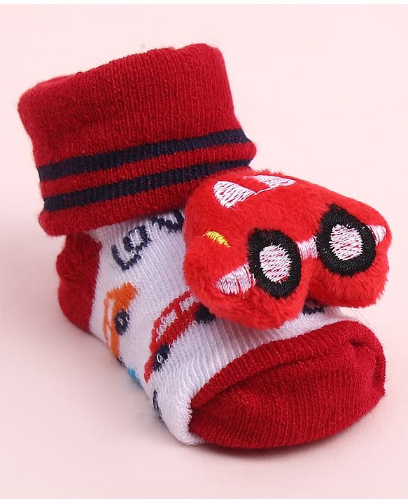 Cute Walk by Babyhug Sock Shoes With Car Applique & Stripes Design - Multicolour