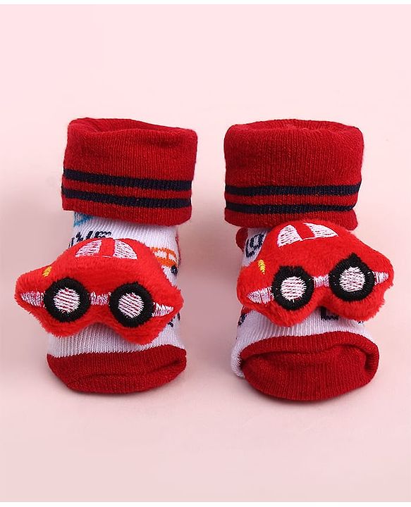 Cute Walk by Babyhug Sock Shoes With Car Applique & Stripes Design - Multicolour