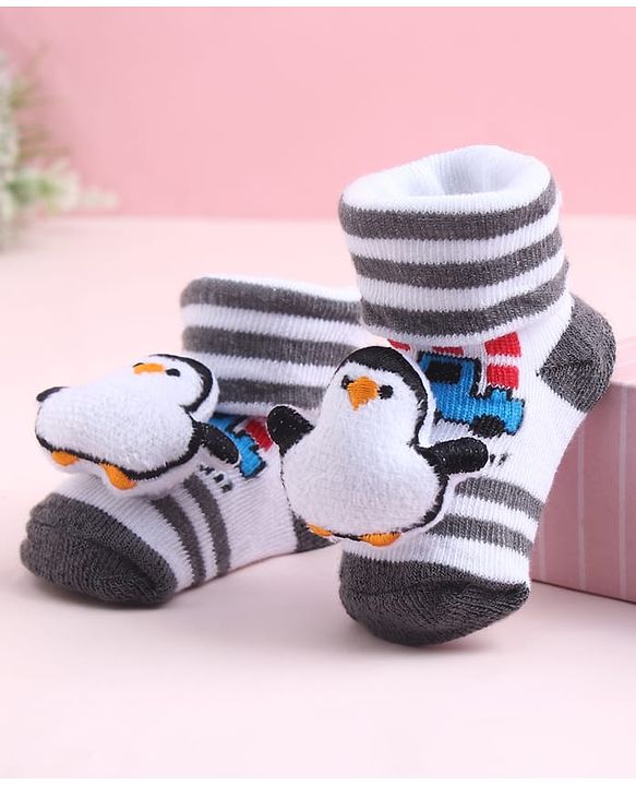 Cute Walk by Babyhug Sock Shoes With Penguin Applique & Vehicles Design & Stripes - Multicolour
