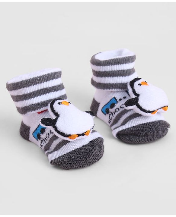 Cute Walk by Babyhug Sock Shoes With Penguin Applique & Vehicles Design & Stripes - Multicolour