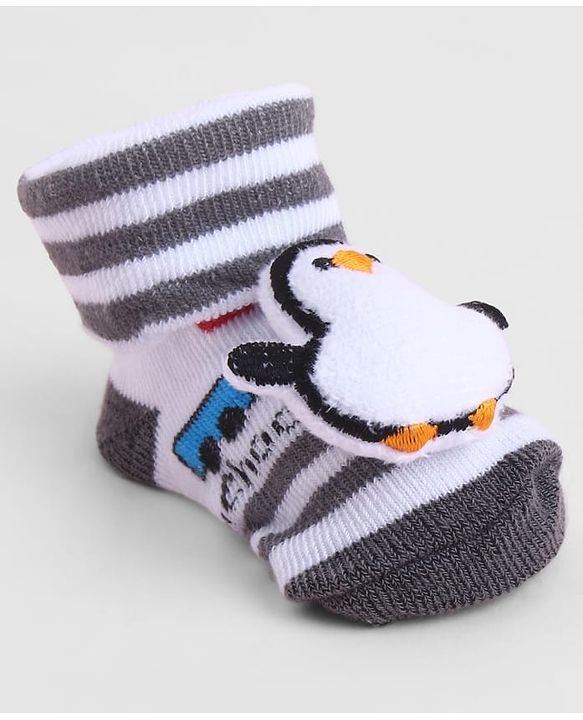 Cute Walk by Babyhug Sock Shoes With Penguin Applique & Vehicles Design & Stripes - Multicolour