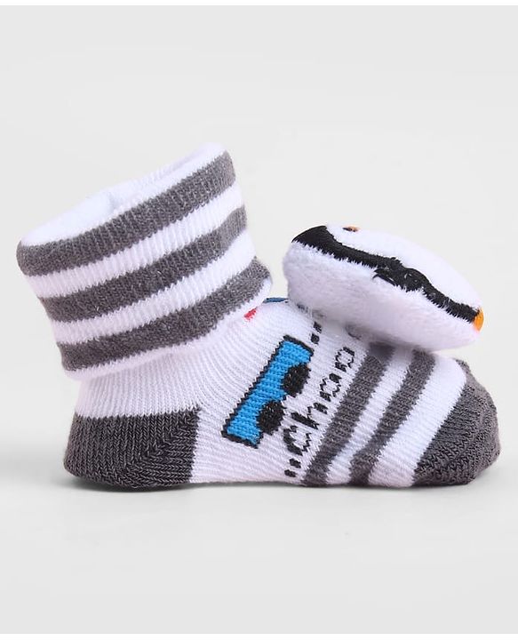 Cute Walk by Babyhug Sock Shoes With Penguin Applique & Vehicles Design & Stripes - Multicolour