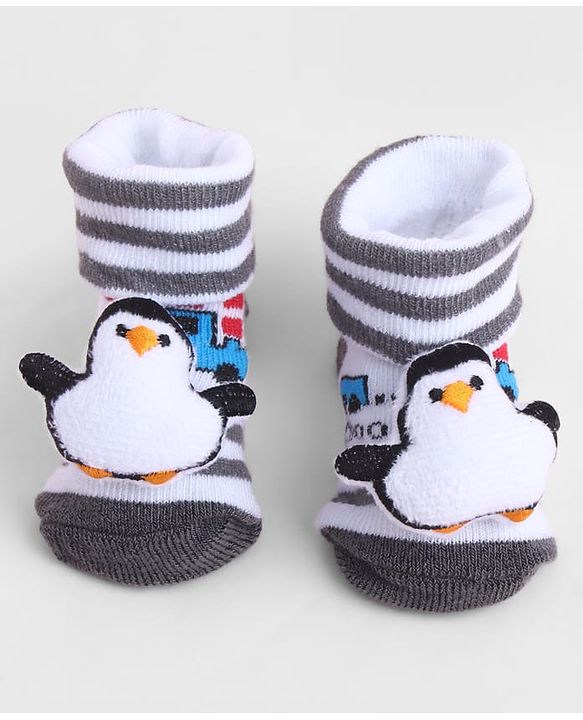 Cute Walk by Babyhug Sock Shoes With Penguin Applique & Vehicles Design & Stripes - Multicolour