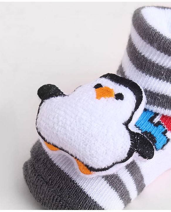Cute Walk by Babyhug Sock Shoes With Penguin Applique & Vehicles Design & Stripes - Multicolour