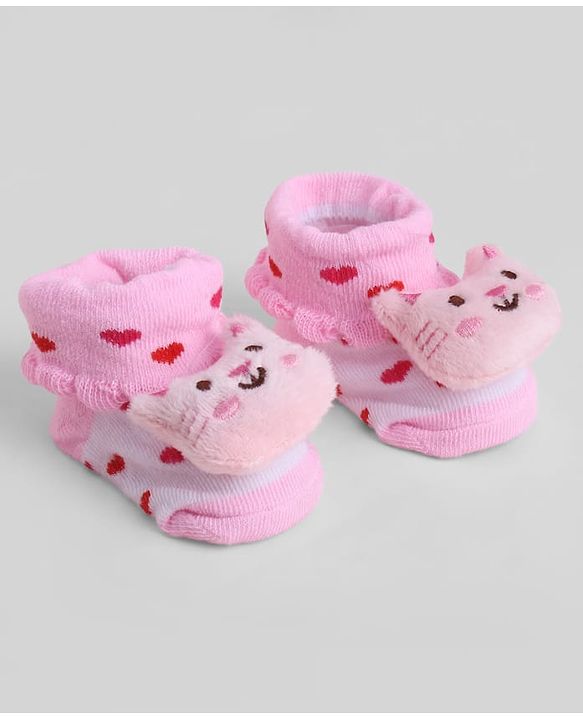 Cute Walk by Babyhug Sock Shoes With Animal Applique & Hearts Design - Multicolour