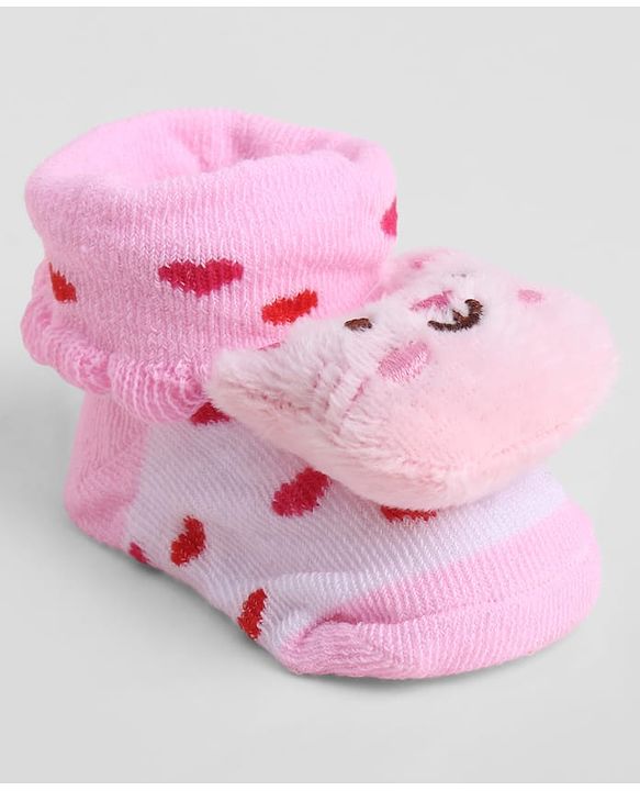 Cute Walk by Babyhug Sock Shoes With Animal Applique & Hearts Design - Multicolour