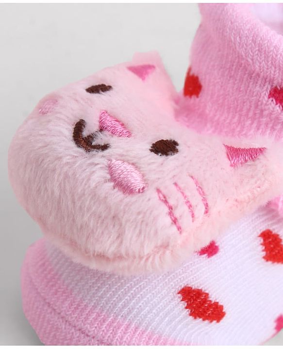 Cute Walk by Babyhug Sock Shoes With Animal Applique & Hearts Design - Multicolour
