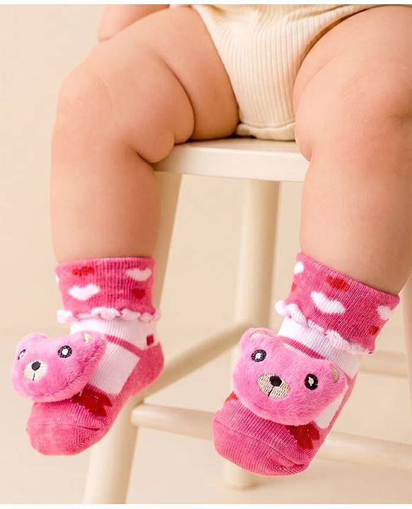 Cute Walk by Babyhug Sock Shoes With Animal Applique & Hearts Design - Multicolour