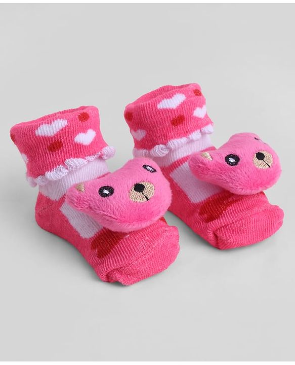 Cute Walk by Babyhug Sock Shoes With Animal Applique & Hearts Design - Multicolour