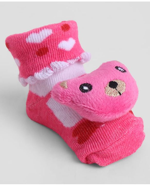 Cute Walk by Babyhug Sock Shoes With Animal Applique & Hearts Design - Multicolour