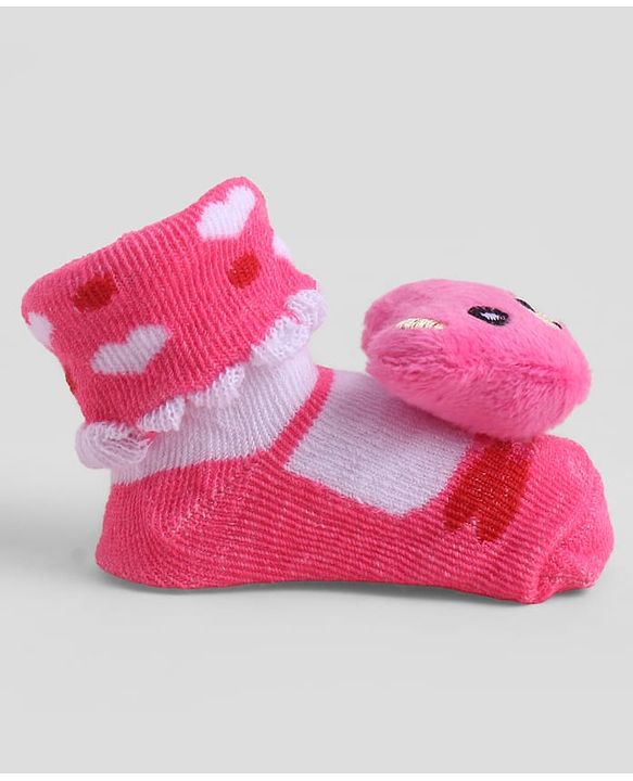 Cute Walk by Babyhug Sock Shoes With Animal Applique & Hearts Design - Multicolour