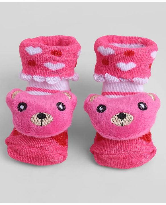 Cute Walk by Babyhug Sock Shoes With Animal Applique & Hearts Design - Multicolour
