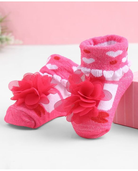 Cute Walk by Babyhug Sock Shoes With Floral Applique & Hearts Design - Multicolour