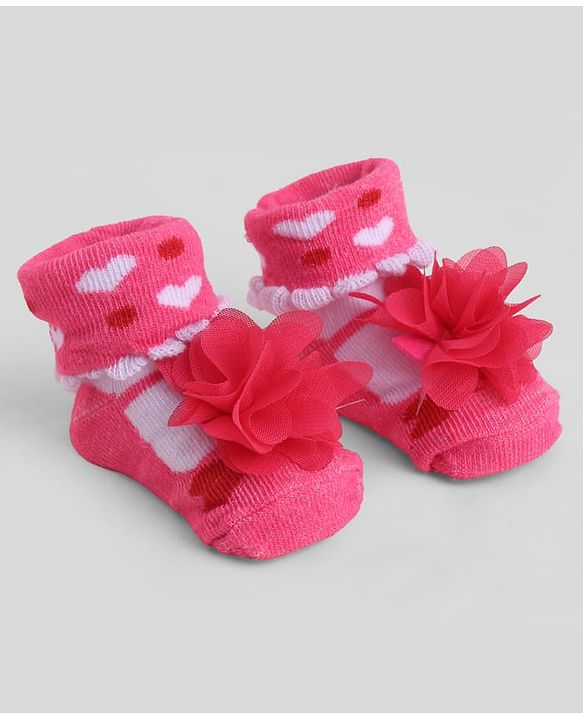 Cute Walk by Babyhug Sock Shoes With Floral Applique & Hearts Design - Multicolour