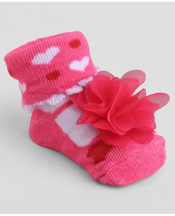 Cute Walk by Babyhug Sock Shoes With Floral Applique & Hearts Design - Multicolour