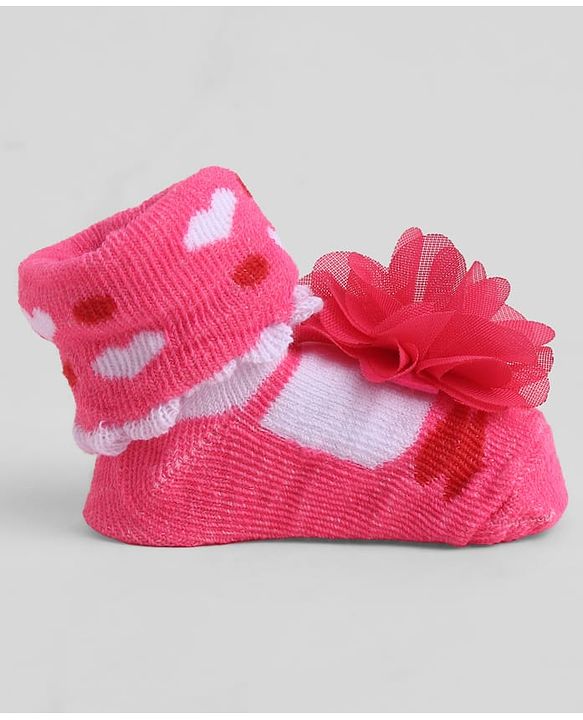 Cute Walk by Babyhug Sock Shoes With Floral Applique & Hearts Design - Multicolour