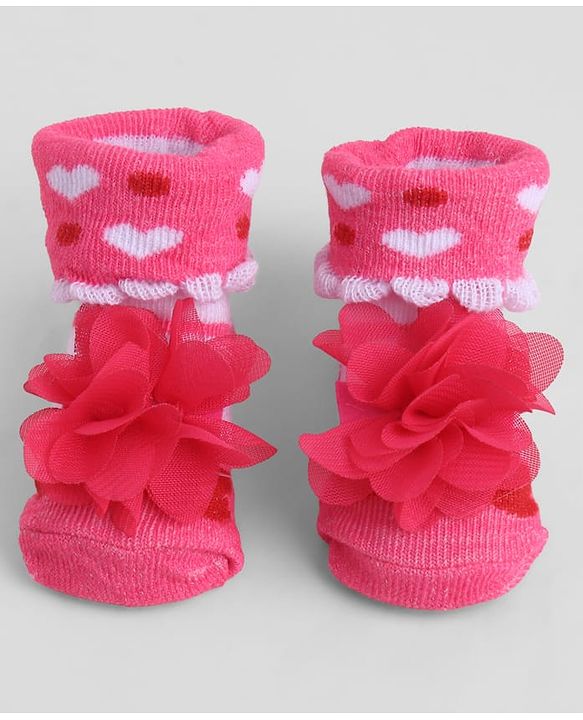 Cute Walk by Babyhug Sock Shoes With Floral Applique & Hearts Design - Multicolour