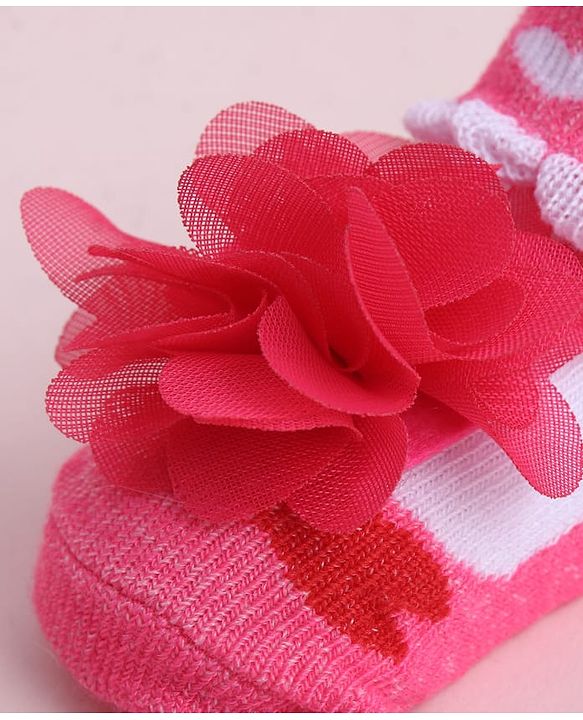 Cute Walk by Babyhug Sock Shoes With Floral Applique & Hearts Design - Multicolour