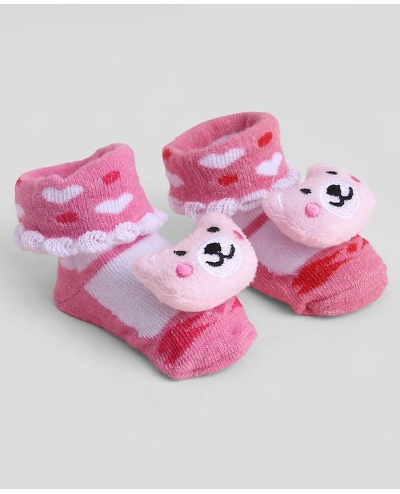 Cute Walk by Babyhug Sock Shoes With Animal Applique & Hearts Design - Multicolour