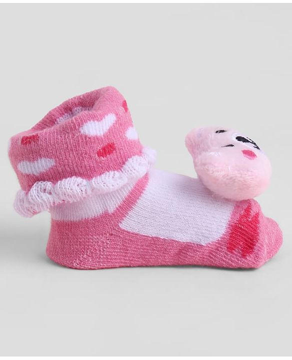 Cute Walk by Babyhug Sock Shoes With Animal Applique & Hearts Design - Multicolour