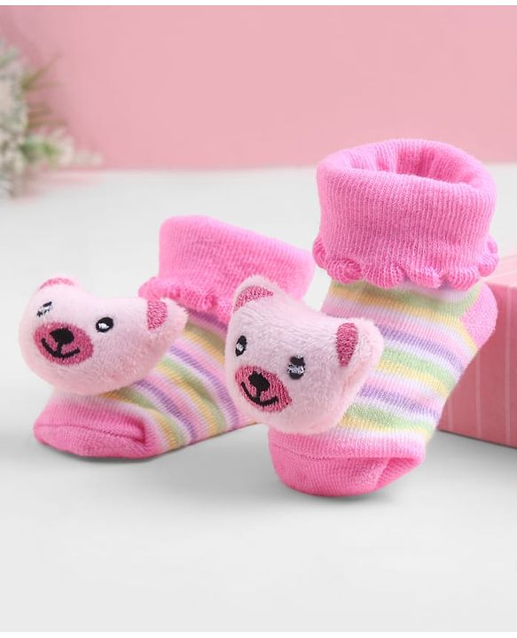 Cute Walk by Babyhug Sock Shoes With Animal Applique & Stripes Design - Multicolour