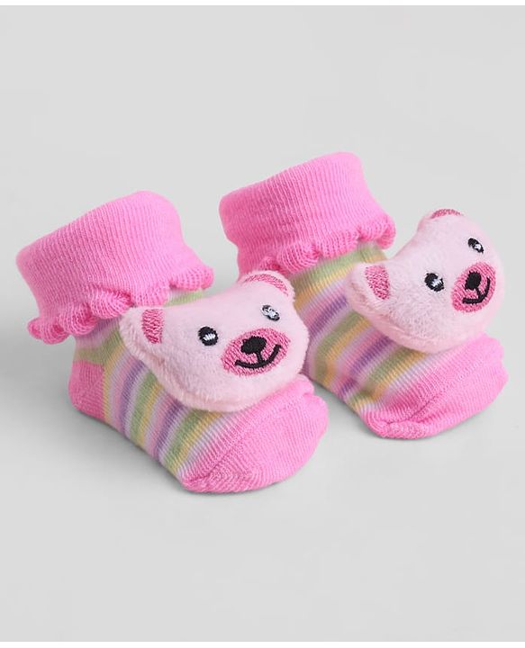 Cute Walk by Babyhug Sock Shoes With Animal Applique & Stripes Design - Multicolour