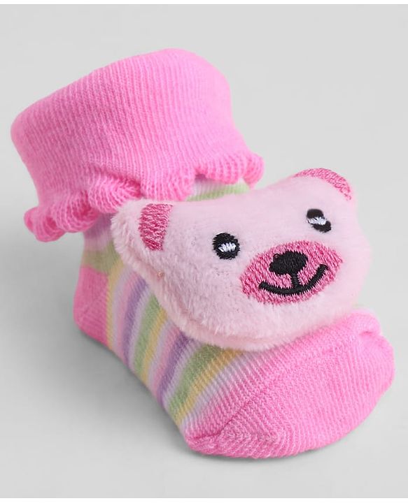 Cute Walk by Babyhug Sock Shoes With Animal Applique & Stripes Design - Multicolour