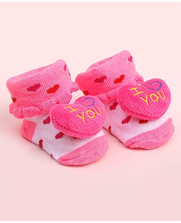 Cute Walk by Babyhug Socks Shoes With Heart Applique - Multicolor